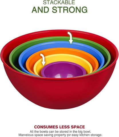 Plastic Mixing Bowls with Lids Set for Kitchen, 6 Set Nesting Bowls for Mixing, Baking, Prepping, Cooking and Serving Food, Mixing Bowls Dishwasher, Microwave Safe