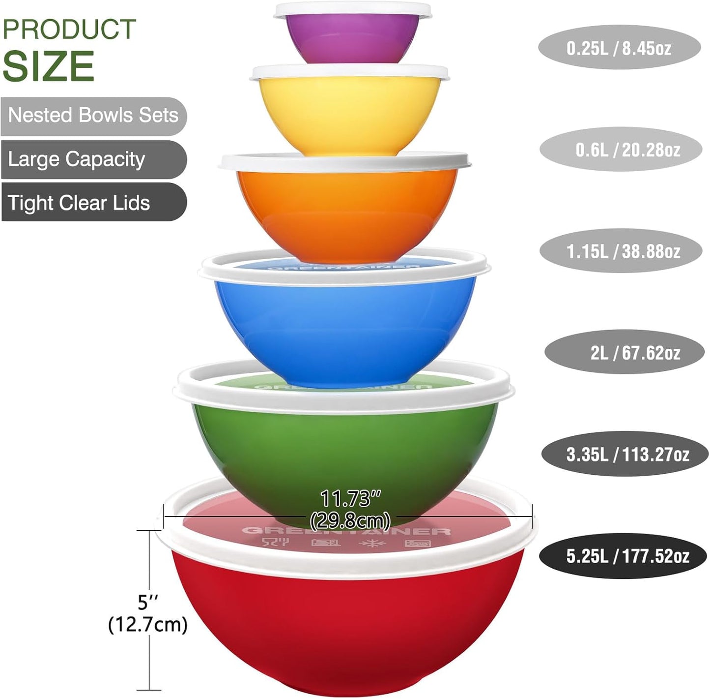 Plastic Mixing Bowls with Lids Set for Kitchen, 6 Set Nesting Bowls for Mixing, Baking, Prepping, Cooking and Serving Food, Mixing Bowls Dishwasher, Microwave Safe