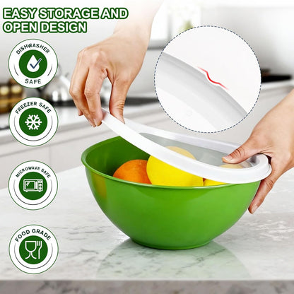 Plastic Mixing Bowls with Lids Set for Kitchen, 6 Set Nesting Bowls for Mixing, Baking, Prepping, Cooking and Serving Food, Mixing Bowls Dishwasher, Microwave Safe
