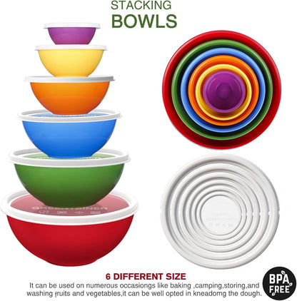 Plastic Mixing Bowls with Lids Set for Kitchen, 6 Set Nesting Bowls for Mixing, Baking, Prepping, Cooking and Serving Food, Mixing Bowls Dishwasher, Microwave Safe