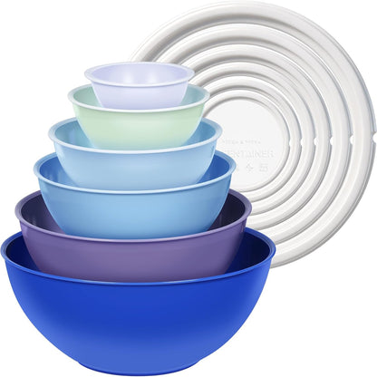 Plastic Mixing Bowls with Lids Set for Kitchen, 6 Set Nesting Bowls for Mixing, Baking, Prepping, Cooking and Serving Food, Mixing Bowls Dishwasher, Microwave Safe