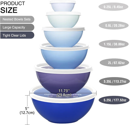 Plastic Mixing Bowls with Lids Set for Kitchen, 6 Set Nesting Bowls for Mixing, Baking, Prepping, Cooking and Serving Food, Mixing Bowls Dishwasher, Microwave Safe