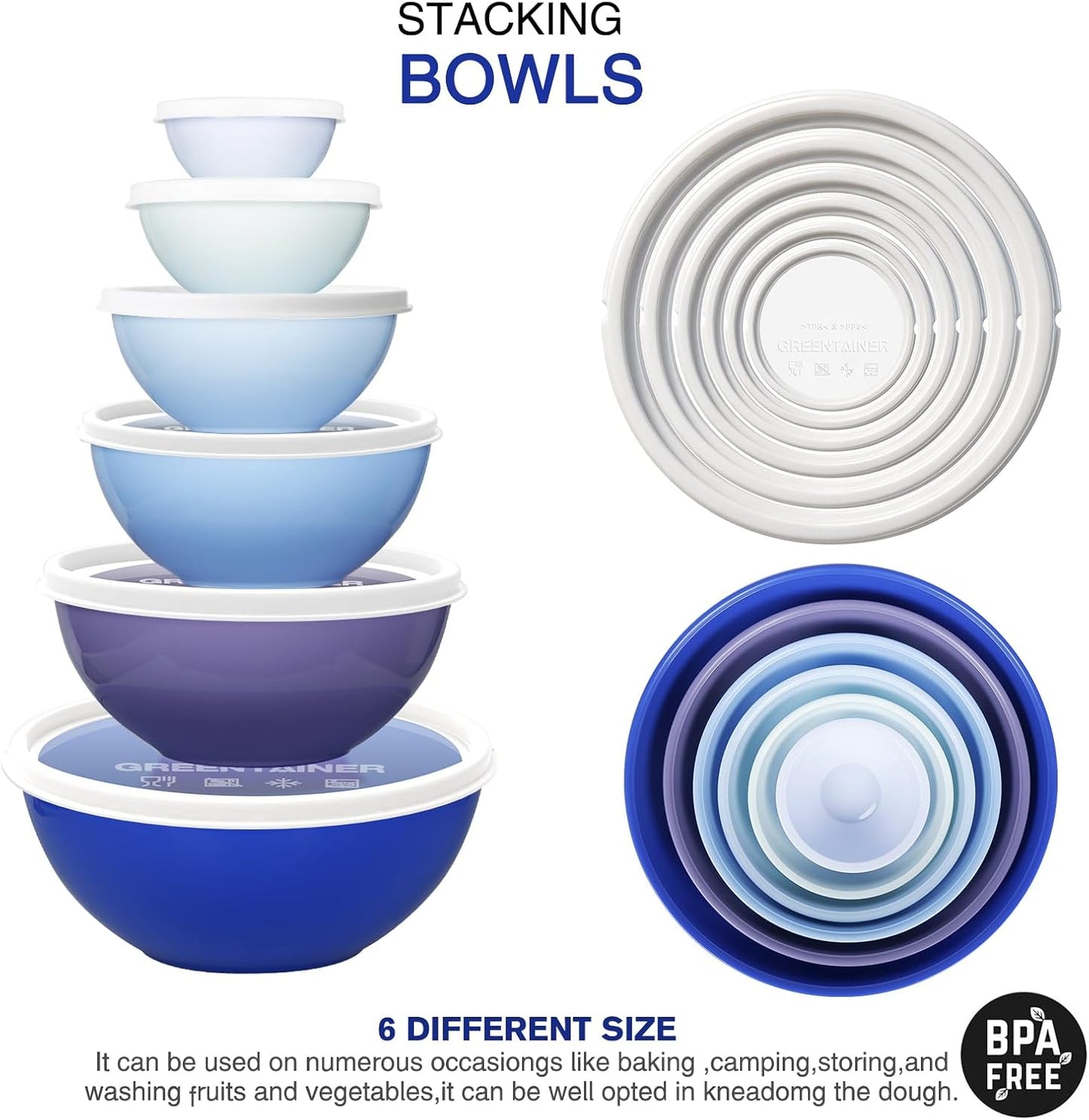 Plastic Mixing Bowls with Lids Set for Kitchen, 6 Set Nesting Bowls for Mixing, Baking, Prepping, Cooking and Serving Food, Mixing Bowls Dishwasher, Microwave Safe