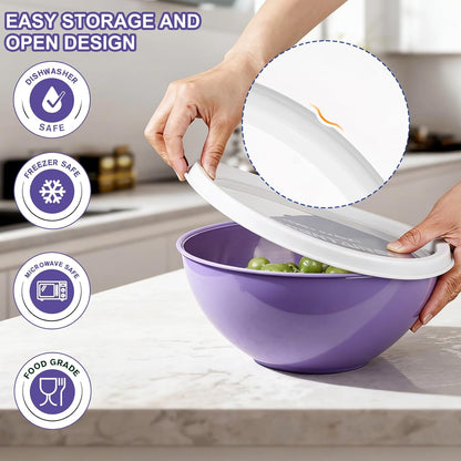 Plastic Mixing Bowls with Lids Set for Kitchen, 6 Set Nesting Bowls for Mixing, Baking, Prepping, Cooking and Serving Food, Mixing Bowls Dishwasher, Microwave Safe