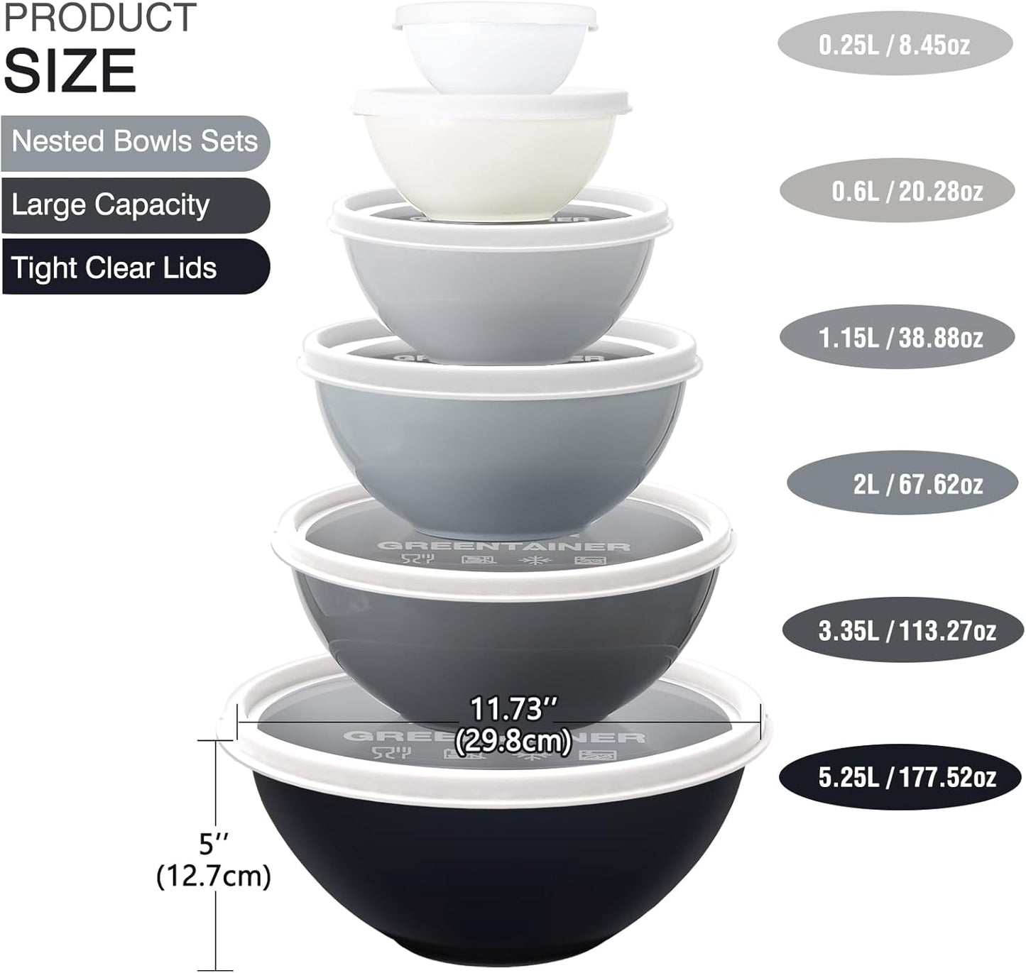 Plastic Mixing Bowls with Lids Set for Kitchen, 6 Set Nesting Bowls for Mixing, Baking, Prepping, Cooking and Serving Food, Mixing Bowls Dishwasher, Microwave Safe