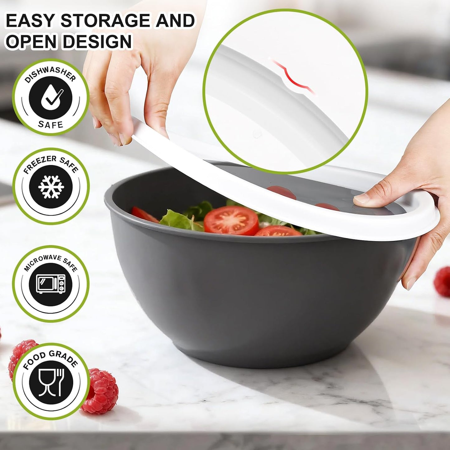 Plastic Mixing Bowls with Lids Set for Kitchen, 6 Set Nesting Bowls for Mixing, Baking, Prepping, Cooking and Serving Food, Mixing Bowls Dishwasher, Microwave Safe
