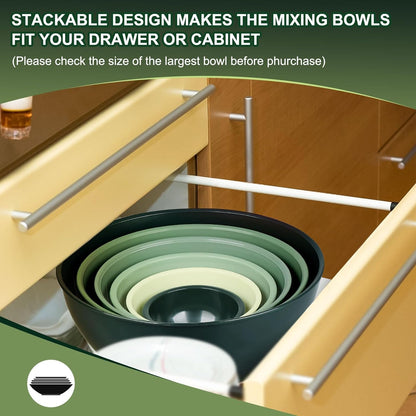 Plastic Mixing Bowls with Lids Set for Kitchen, 6 Set Nesting Bowls for Mixing, Baking, Prepping, Cooking and Serving Food, Mixing Bowls Dishwasher, Microwave Safe