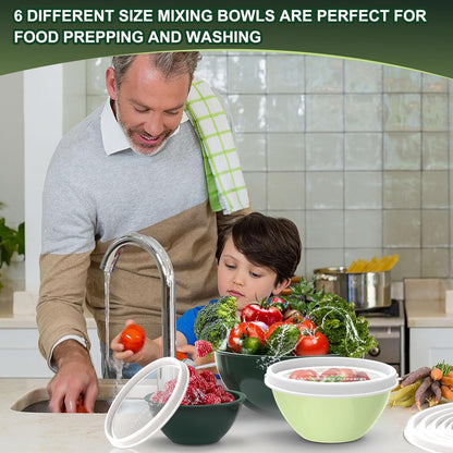 Plastic Mixing Bowls with Lids Set for Kitchen, 6 Set Nesting Bowls for Mixing, Baking, Prepping, Cooking and Serving Food, Mixing Bowls Dishwasher, Microwave Safe