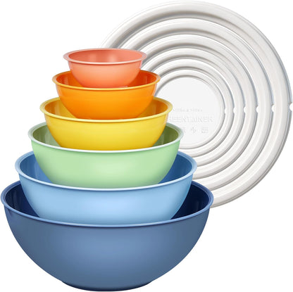 Plastic Mixing Bowls with Lids Set for Kitchen, 6 Set Nesting Bowls for Mixing, Baking, Prepping, Cooking and Serving Food, Mixing Bowls Dishwasher, Microwave Safe