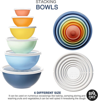 Plastic Mixing Bowls with Lids Set for Kitchen, 6 Set Nesting Bowls for Mixing, Baking, Prepping, Cooking and Serving Food, Mixing Bowls Dishwasher, Microwave Safe