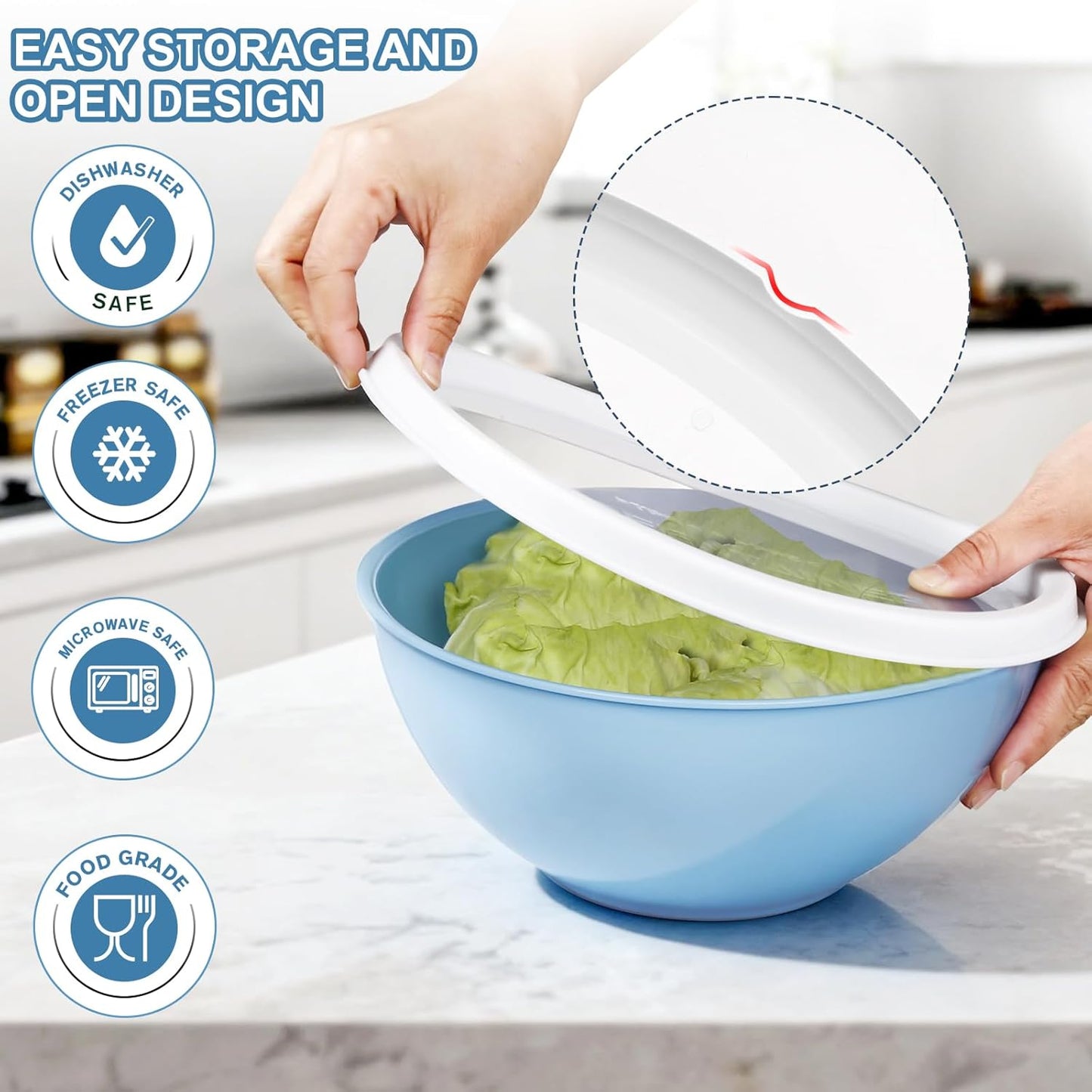 Plastic Mixing Bowls with Lids Set for Kitchen, 6 Set Nesting Bowls for Mixing, Baking, Prepping, Cooking and Serving Food, Mixing Bowls Dishwasher, Microwave Safe