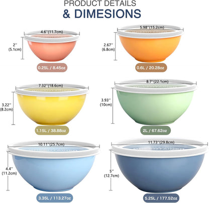 Plastic Mixing Bowls with Lids Set for Kitchen, 6 Set Nesting Bowls for Mixing, Baking, Prepping, Cooking and Serving Food, Mixing Bowls Dishwasher, Microwave Safe