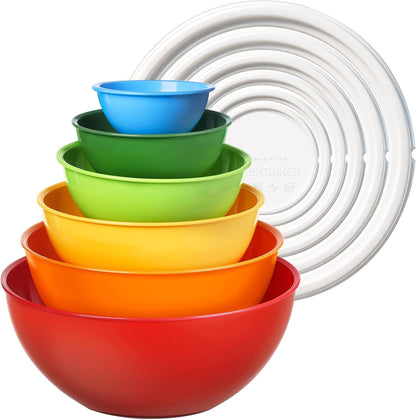 Plastic Mixing Bowls with Lids Set for Kitchen, 6 Set Nesting Bowls for Mixing, Baking, Prepping, Cooking and Serving Food, Mixing Bowls Dishwasher, Microwave Safe