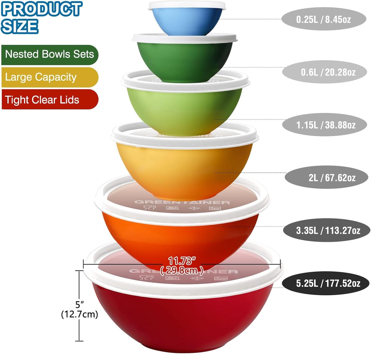 Plastic Mixing Bowls with Lids Set for Kitchen, 6 Set Nesting Bowls for Mixing, Baking, Prepping, Cooking and Serving Food, Mixing Bowls Dishwasher, Microwave Safe