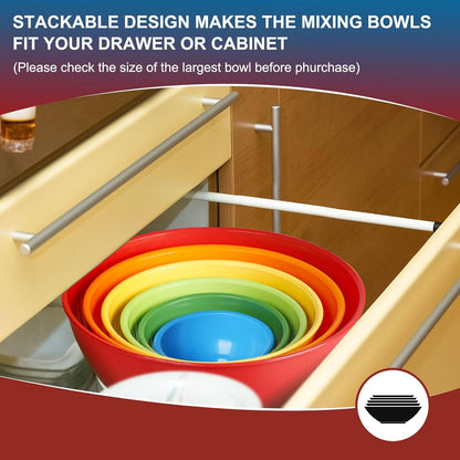 Plastic Mixing Bowls with Lids Set for Kitchen, 6 Set Nesting Bowls for Mixing, Baking, Prepping, Cooking and Serving Food, Mixing Bowls Dishwasher, Microwave Safe