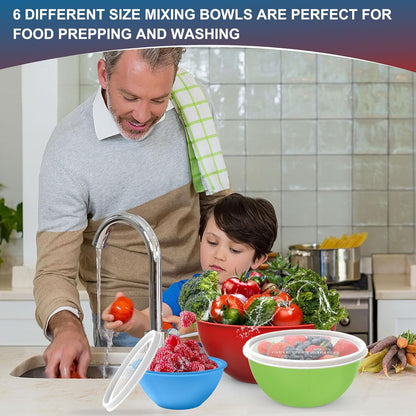 Plastic Mixing Bowls with Lids Set for Kitchen, 6 Set Nesting Bowls for Mixing, Baking, Prepping, Cooking and Serving Food, Mixing Bowls Dishwasher, Microwave Safe