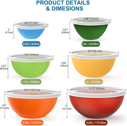 Plastic Mixing Bowls with Lids Set for Kitchen, 6 Set Nesting Bowls for Mixing, Baking, Prepping, Cooking and Serving Food, Mixing Bowls Dishwasher, Microwave Safe