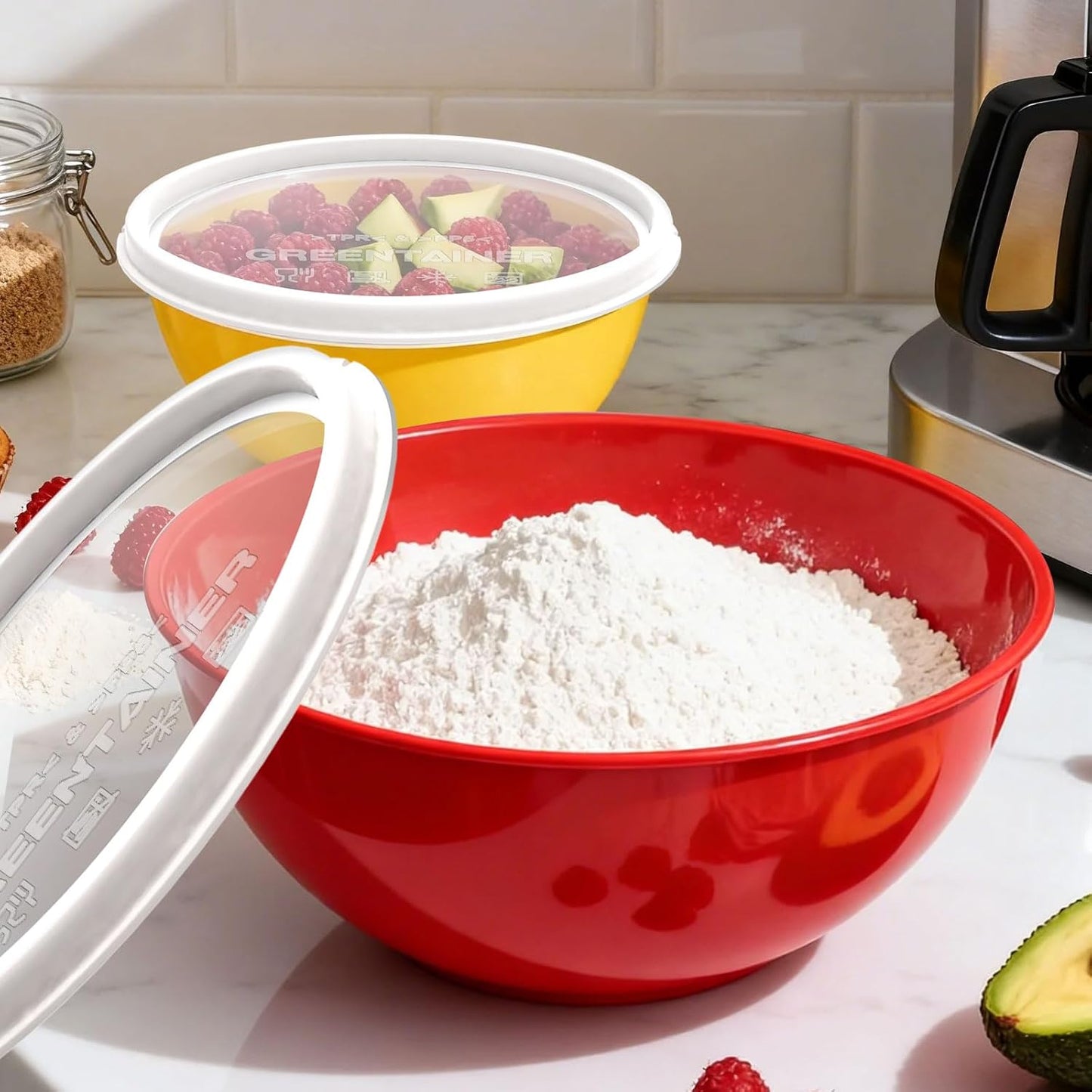 Plastic Mixing Bowls with Lids Set for Kitchen, 6 Set Nesting Bowls for Mixing, Baking, Prepping, Cooking and Serving Food, Mixing Bowls Dishwasher, Microwave Safe