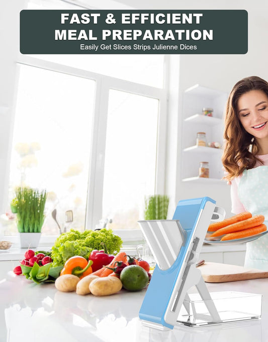 Safe Mandoline Slicer for Kitchen, Vegetable Slicer with Container, French Fry Cutter, All in 1 Julienne Slicer for Potato, Thickness Adjustable, Detachable Blade (Light gray-blue)