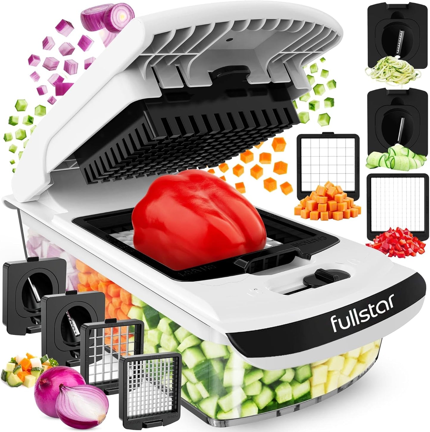 Pro Original Vegetable Chopper & Spiralizer, Kitchen Prep Tool | 4 in 1 Veggie Slicer, Onion & Fruit Cutter with Sharp Stainless Steel Blades & Container, All-in-One Food Prep Tool (White)