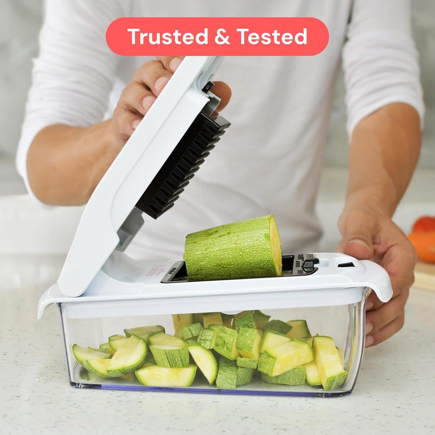 Pro Original Vegetable Chopper & Spiralizer, Kitchen Prep Tool | 4 in 1 Veggie Slicer, Onion & Fruit Cutter with Sharp Stainless Steel Blades & Container, All-in-One Food Prep Tool (White)