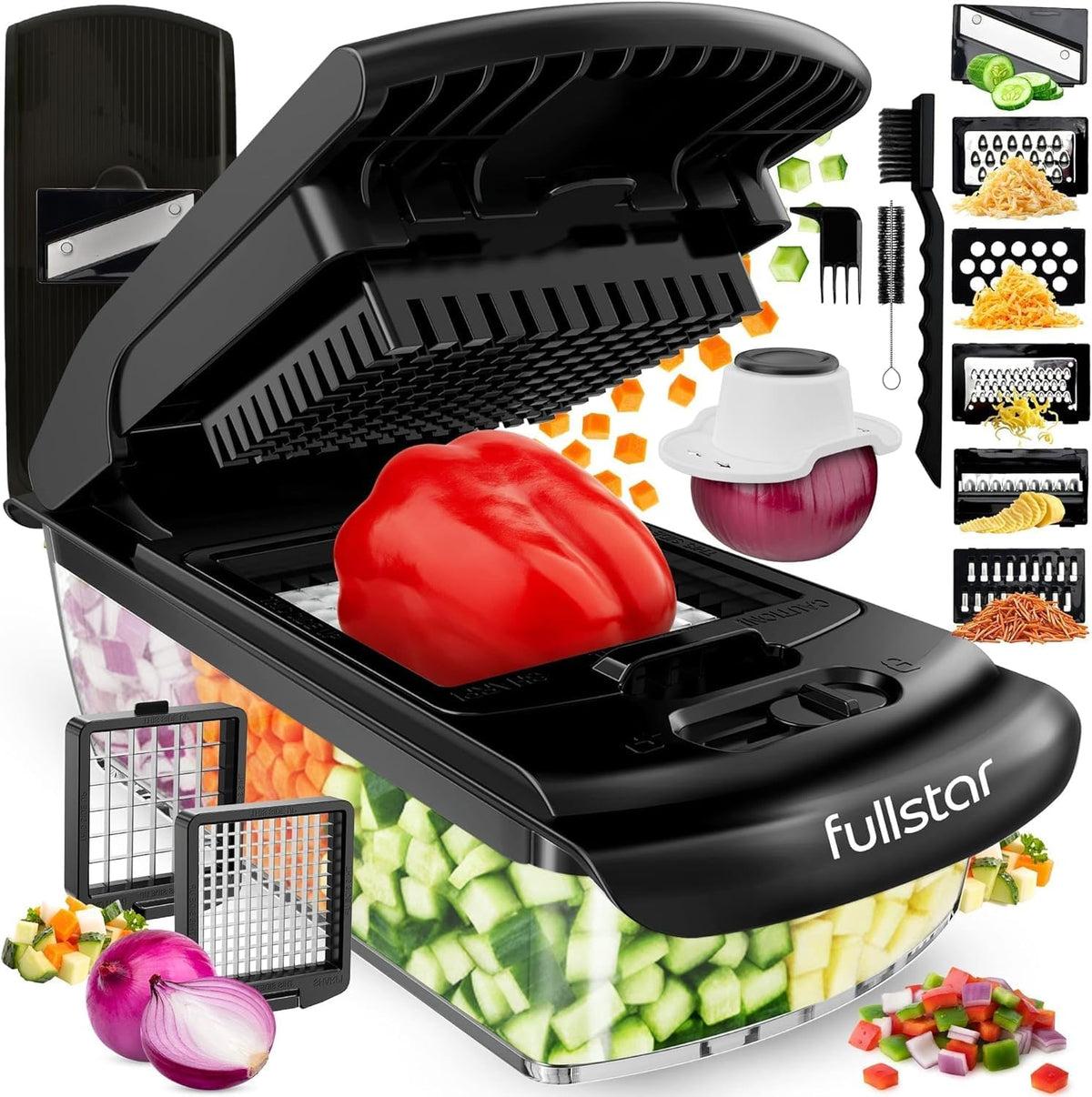 Pro Original Vegetable Chopper & Spiralizer, Kitchen Prep Tool | 4 in 1 Veggie Slicer, Onion & Fruit Cutter with Sharp Stainless Steel Blades & Container, All-in-One Food Prep Tool (White)