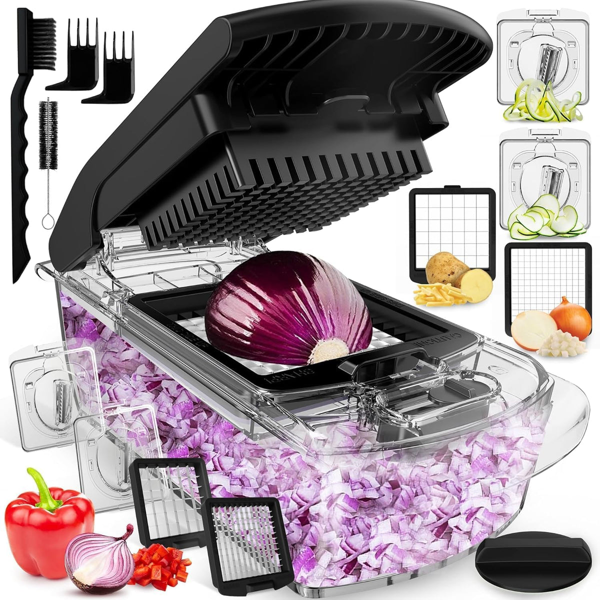 Pro Original Vegetable Chopper & Spiralizer, Kitchen Prep Tool | 4 in 1 Veggie Slicer, Onion & Fruit Cutter with Sharp Stainless Steel Blades & Container, All-in-One Food Prep Tool (White)
