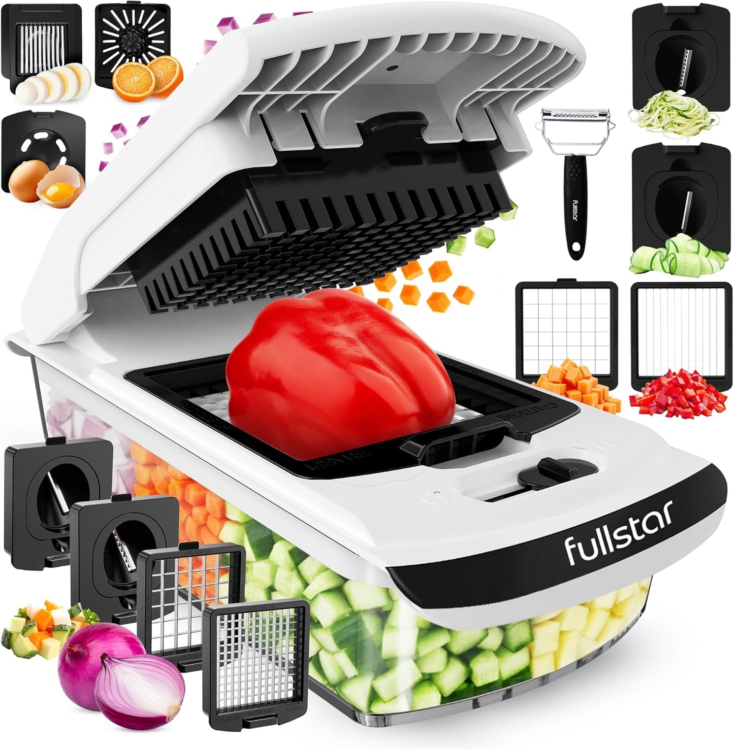 Pro Original Vegetable Chopper & Spiralizer, Kitchen Prep Tool | 4 in 1 Veggie Slicer, Onion & Fruit Cutter with Sharp Stainless Steel Blades & Container, All-in-One Food Prep Tool (White)