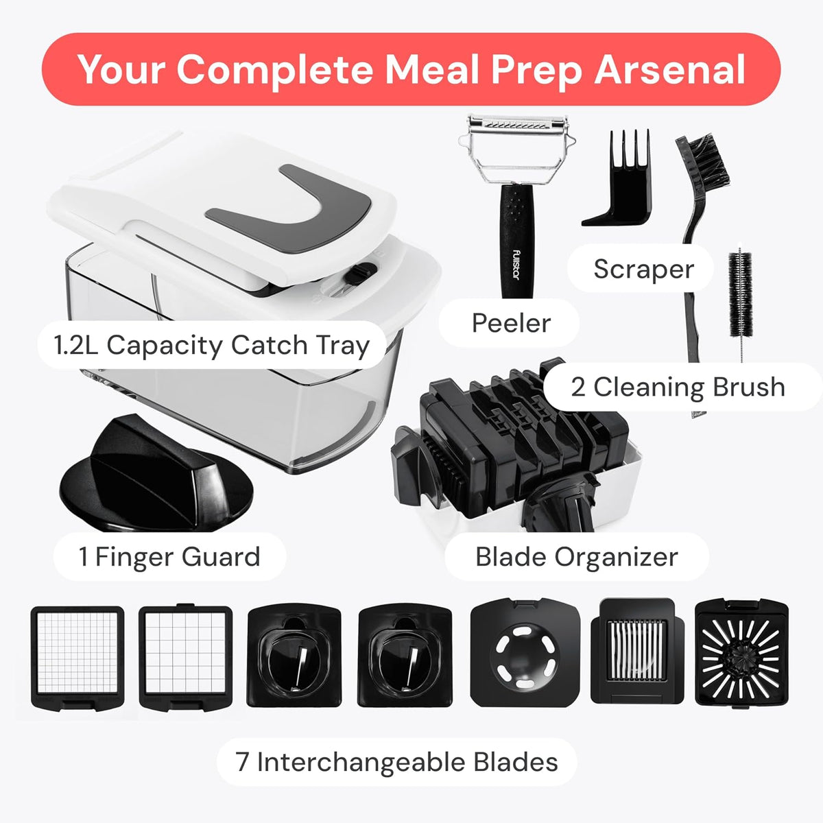Pro Original Vegetable Chopper & Spiralizer, Kitchen Prep Tool | 4 in 1 Veggie Slicer, Onion & Fruit Cutter with Sharp Stainless Steel Blades & Container, All-in-One Food Prep Tool (White)