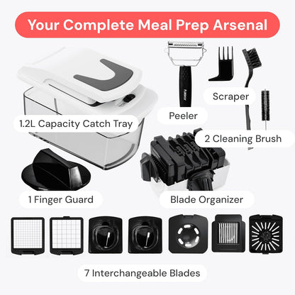 Pro Original Vegetable Chopper & Spiralizer, Kitchen Prep Tool | 4 in 1 Veggie Slicer, Onion & Fruit Cutter with Sharp Stainless Steel Blades & Container, All-in-One Food Prep Tool (White)