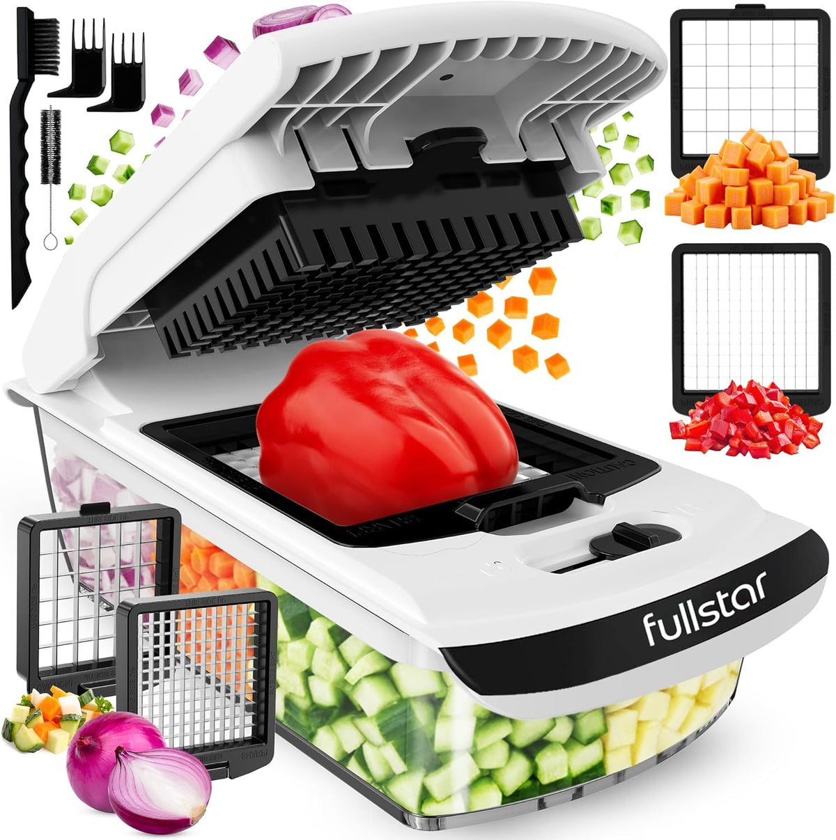 Pro Original Vegetable Chopper & Spiralizer, Kitchen Prep Tool | 4 in 1 Veggie Slicer, Onion & Fruit Cutter with Sharp Stainless Steel Blades & Container, All-in-One Food Prep Tool (White)