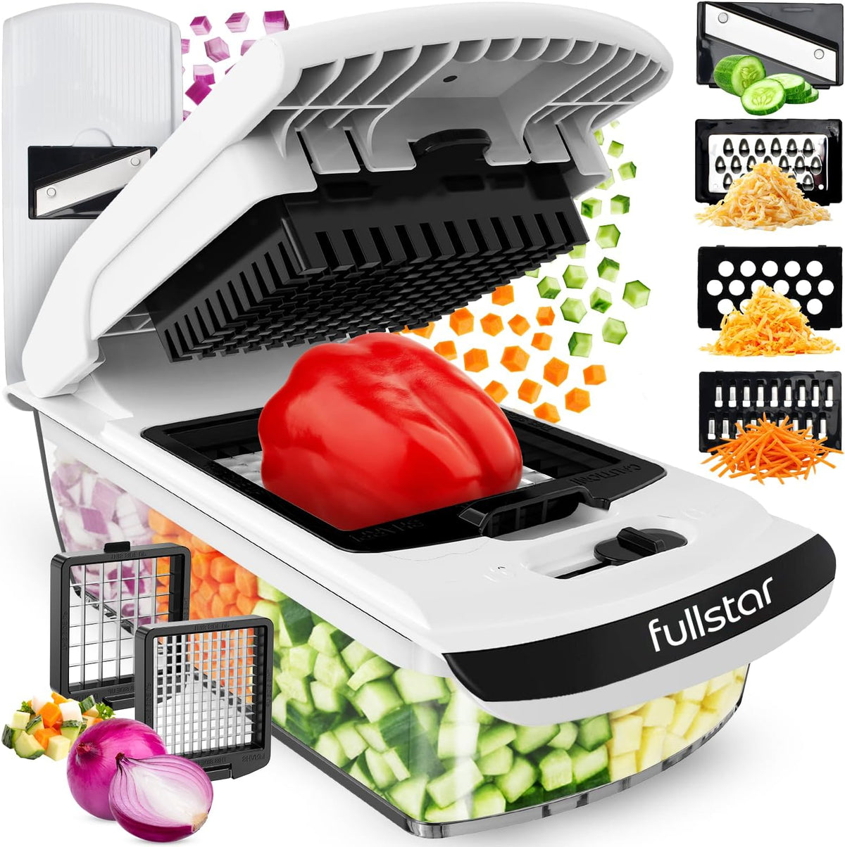 Pro Original Vegetable Chopper & Spiralizer, Kitchen Prep Tool | 4 in 1 Veggie Slicer, Onion & Fruit Cutter with Sharp Stainless Steel Blades & Container, All-in-One Food Prep Tool (White)