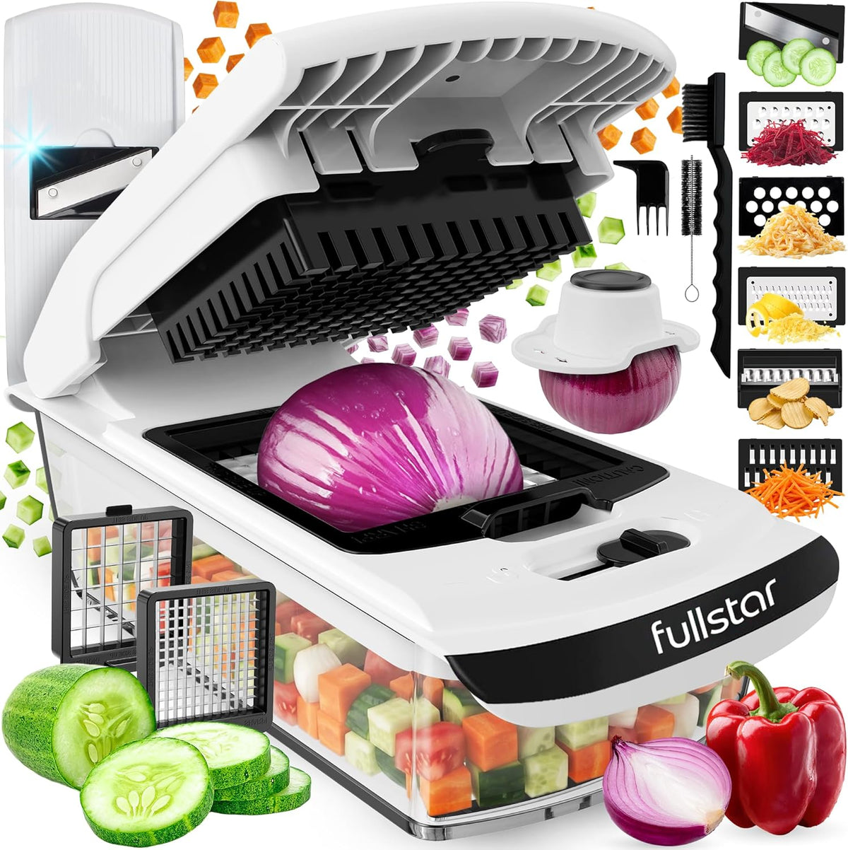 Pro Original Vegetable Chopper & Spiralizer, Kitchen Prep Tool | 4 in 1 Veggie Slicer, Onion & Fruit Cutter with Sharp Stainless Steel Blades & Container, All-in-One Food Prep Tool (White)
