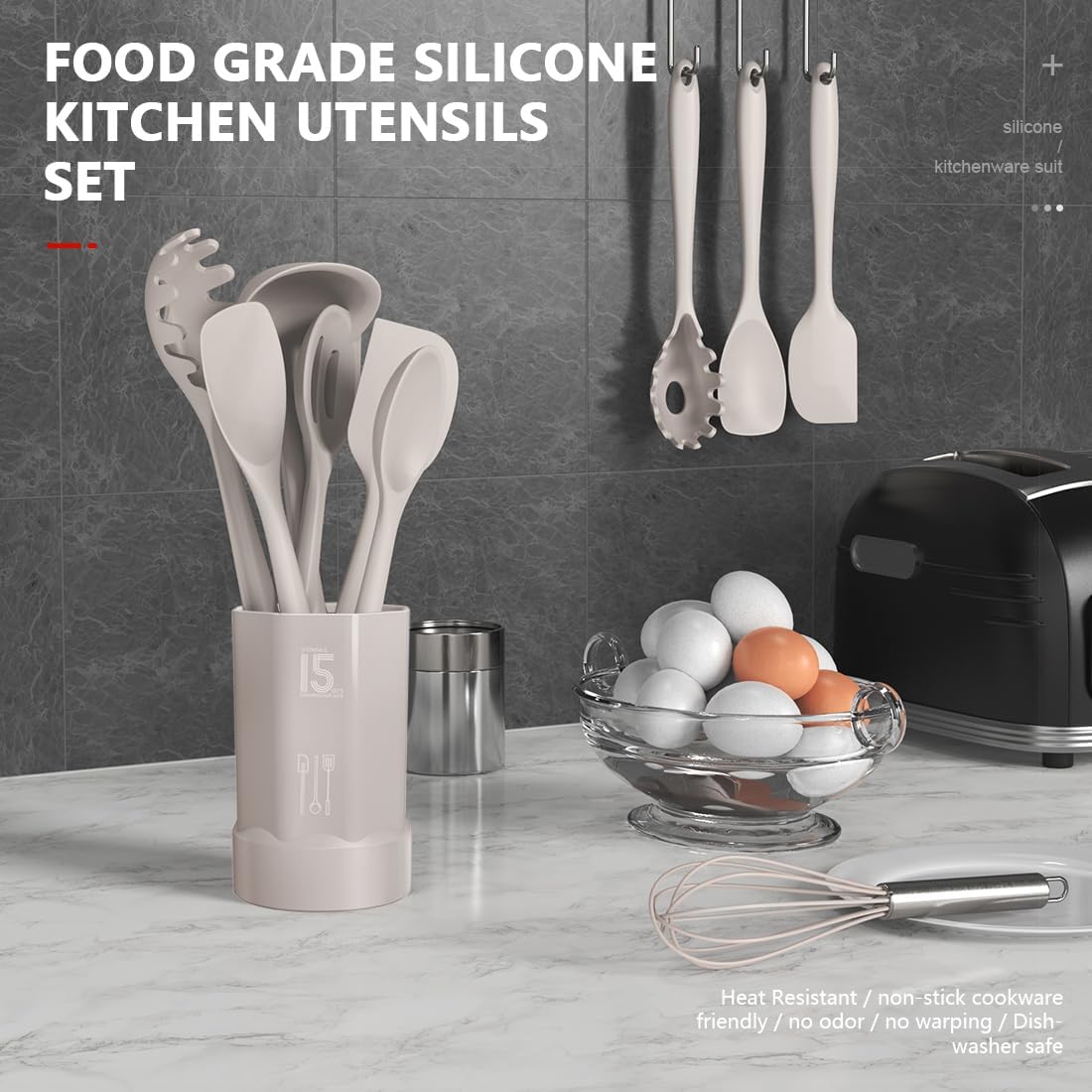 AOTHOD Silicone Cooking Utensils Set - 446°F Heat Resistant Kitchen Utensils,Turner Tongs,Spatula,Spoon,Brush,Whisk,Kitchen Utensil Gadgets Tools Set for Nonstick Cookware,Dishwasher Safe (BPA Free)