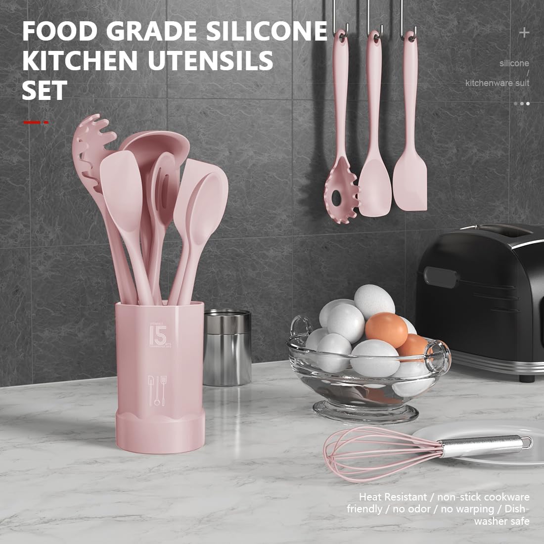 AOTHOD Silicone Cooking Utensils Set - 446°F Heat Resistant Kitchen Utensils,Turner Tongs,Spatula,Spoon,Brush,Whisk,Kitchen Utensil Gadgets Tools Set for Nonstick Cookware,Dishwasher Safe (BPA Free)