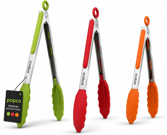 3 Piece Kitchen Tongs Set 7, 9, 12 Inch - Stainless Steel Nonstick Tongs with Silicone Tips - Heat Resistant and Dishwasher Safe for Cooking, Grilling, Salad, and Everyday Serving