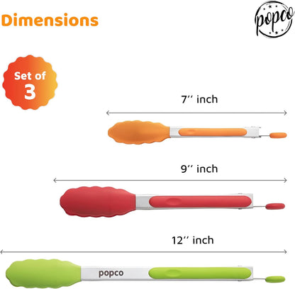 3 Piece Kitchen Tongs Set 7, 9, 12 Inch - Stainless Steel Nonstick Tongs with Silicone Tips - Heat Resistant and Dishwasher Safe for Cooking, Grilling, Salad, and Everyday Serving