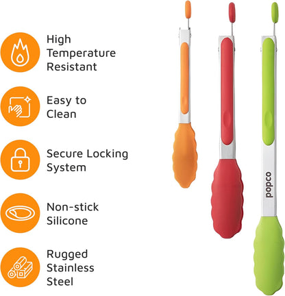 3 Piece Kitchen Tongs Set 7, 9, 12 Inch - Stainless Steel Nonstick Tongs with Silicone Tips - Heat Resistant and Dishwasher Safe for Cooking, Grilling, Salad, and Everyday Serving