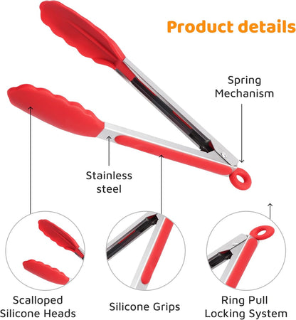 3 Piece Kitchen Tongs Set 7, 9, 12 Inch - Stainless Steel Nonstick Tongs with Silicone Tips - Heat Resistant and Dishwasher Safe for Cooking, Grilling, Salad, and Everyday Serving