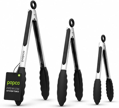 3 Piece Kitchen Tongs Set 7, 9, 12 Inch - Stainless Steel Nonstick Tongs with Silicone Tips - Heat Resistant and Dishwasher Safe for Cooking, Grilling, Salad, and Everyday Serving