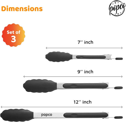 3 Piece Kitchen Tongs Set 7, 9, 12 Inch - Stainless Steel Nonstick Tongs with Silicone Tips - Heat Resistant and Dishwasher Safe for Cooking, Grilling, Salad, and Everyday Serving