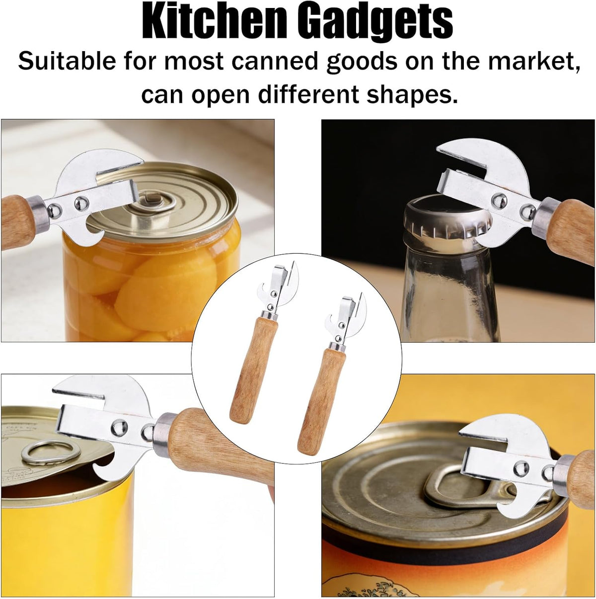 2pcs Japanese Manual Can Opener with Wooden Handle, Simple Vintage Side Cut Stab Hand Held Can Opener, Compact Efficient Old Fashioned Kitchen Tool Gadget Appliance Accessories for Tin Cap Bottles