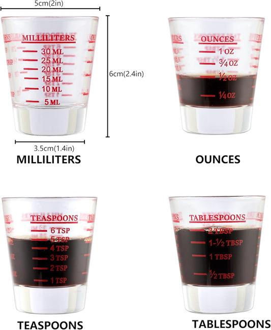 Shot Glass Measuring Cup Set of 4, Thick Base and Smooth Edge Small Measuring Cup for Espresso and Liquor, Easy Cleaning with Four Units of Measurement (1 oz, 2 Tbs, 6 Tsp, 30 ml)
