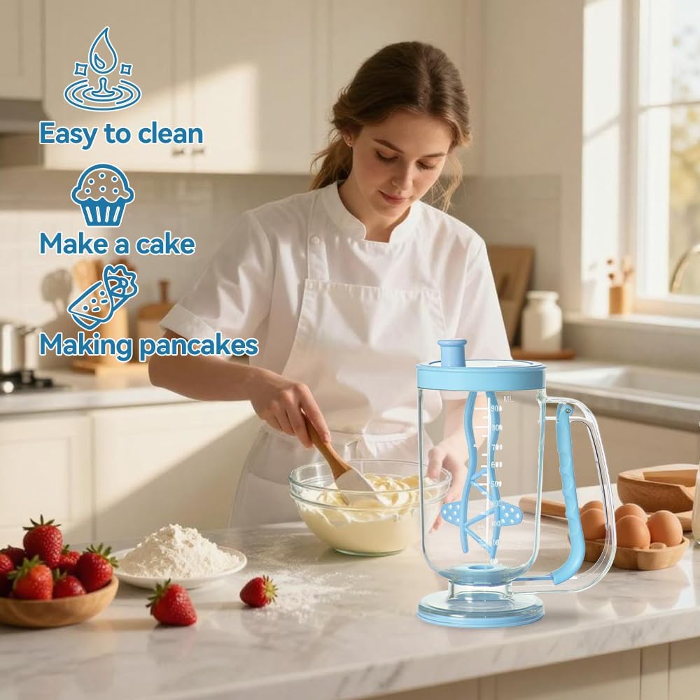 Pancake Batter Dispenser with Mixer - No-Drip Squeeze Batter Tool | Great for pancakes, waffles, crepes, muffins, and cupcakes. Built-in mixer blends batter smooth.