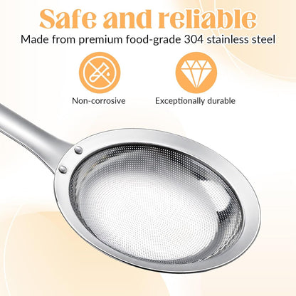 Skimmer Spoon Filter Grease Foam Fine Mesh Stainless Steel Sieve Colander, Extra Fine Strainer With Handle Handheld Fry Oil Filter for Cooking Sieve Spoon for Food Strainer Kitchen Gadget (Large)