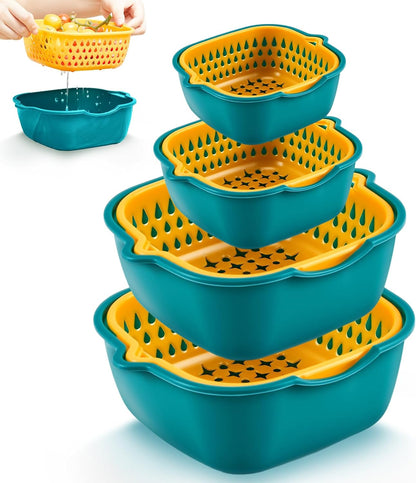 8 Pcs Drain Colander Bowl Set Fruits and Vegetable Washing Strainer Detachable Double-layer Plastic Kitchen Food Basket, Kitchen Essential Gadgets (Orange, Green)