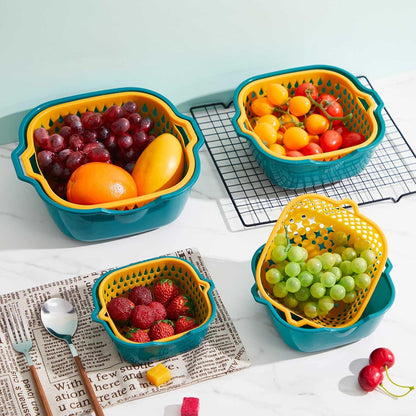 8 Pcs Drain Colander Bowl Set Fruits and Vegetable Washing Strainer Detachable Double-layer Plastic Kitchen Food Basket, Kitchen Essential Gadgets (Orange, Green)
