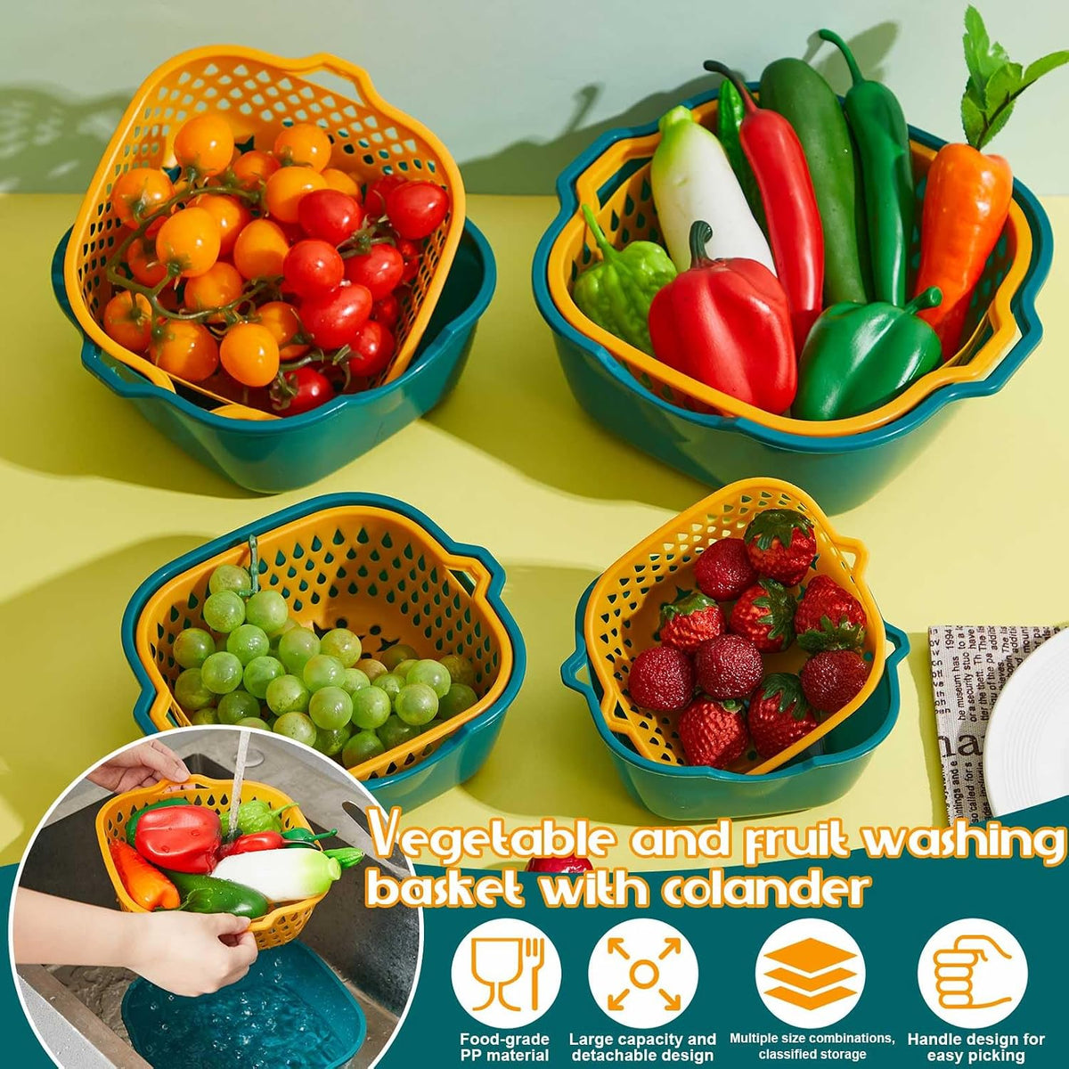 8 Pcs Drain Colander Bowl Set Fruits and Vegetable Washing Strainer Detachable Double-layer Plastic Kitchen Food Basket, Kitchen Essential Gadgets (Orange, Green)