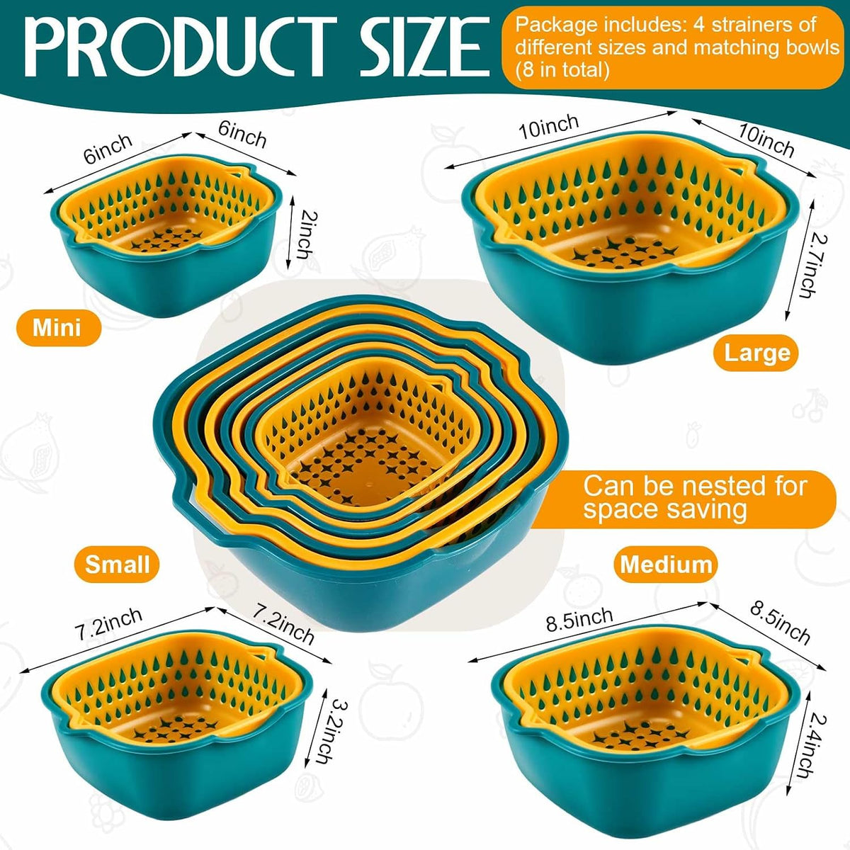 8 Pcs Drain Colander Bowl Set Fruits and Vegetable Washing Strainer Detachable Double-layer Plastic Kitchen Food Basket, Kitchen Essential Gadgets (Orange, Green)