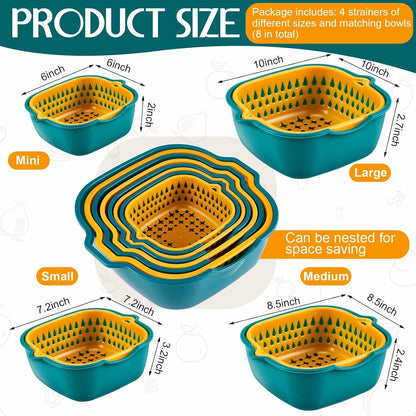 8 Pcs Drain Colander Bowl Set Fruits and Vegetable Washing Strainer Detachable Double-layer Plastic Kitchen Food Basket, Kitchen Essential Gadgets (Orange, Green)
